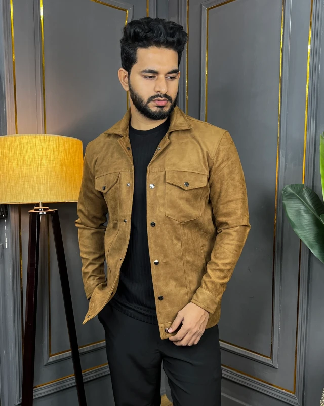 Premium Quality Suede Leather Trucker Jacket - Camel Brown