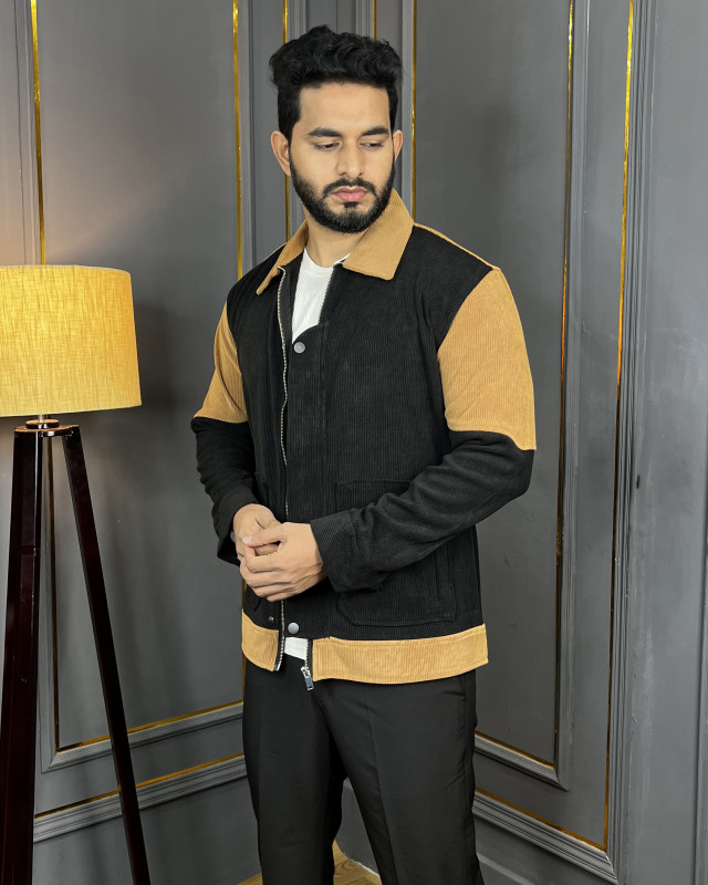 Premium Quality Contrast Corduroy Zipper Jacket - Black