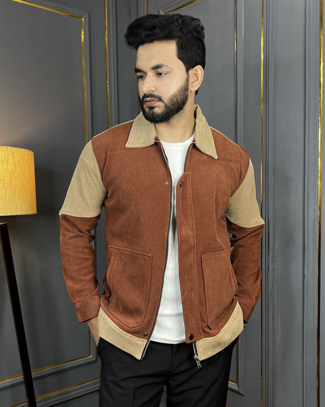 Premium Quality Contrast Corduroy Zipper Jacket - Brick