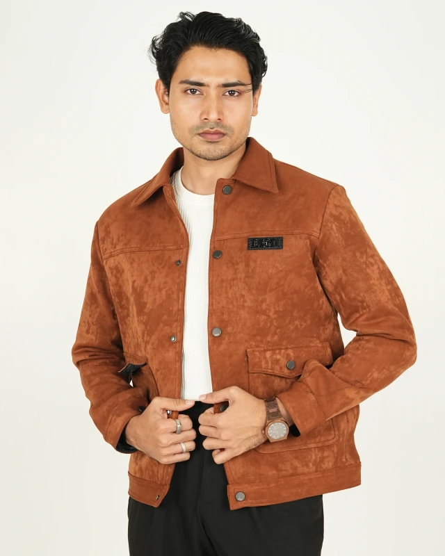 Premium China Imported Korean Style Suede Crop Jacket - Terracotta Brown