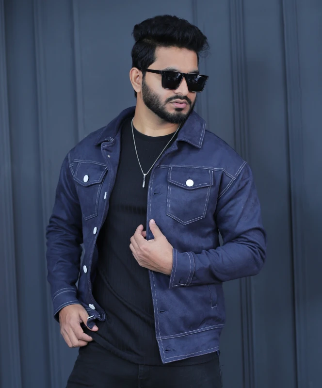 Premium Quality Suede Leather Trucker Jacket - Navy
