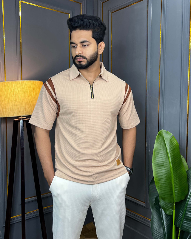 Premium Quality Half Zipper Baggy Polo - Light Beige