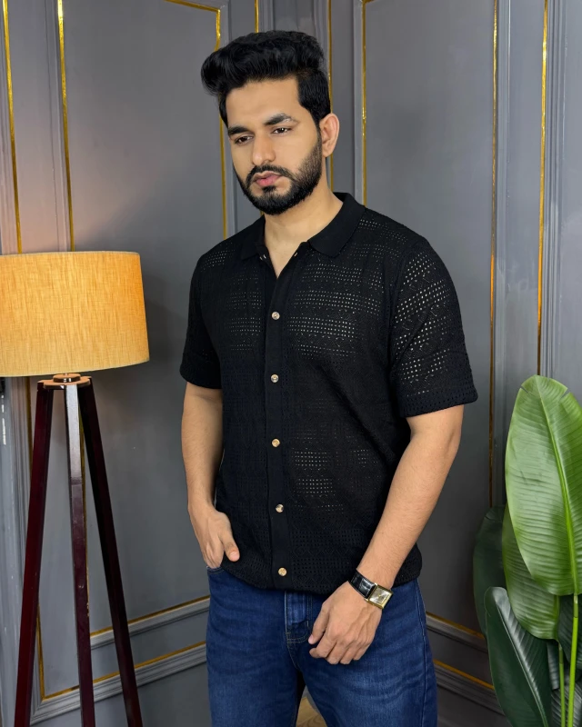 Premium Knit Structured Half Sleeve Shirt - Imperial Black