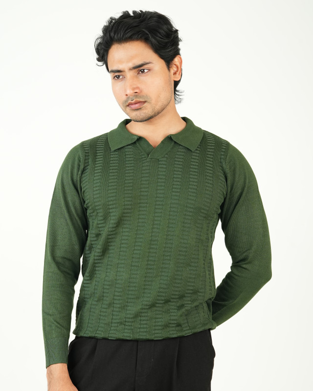 Premium Old Money Full Sleeve Textured Knit Polo - Bottle Green