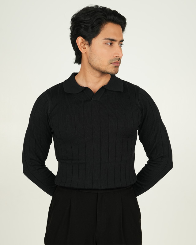 Premium Old Money Full Sleeve Textured Knit Polo - Black