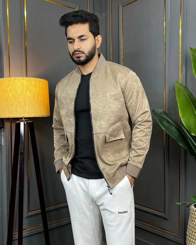 Premium Stylish Suede-Feel Zipper Bomber Jacket - Taupe Beige