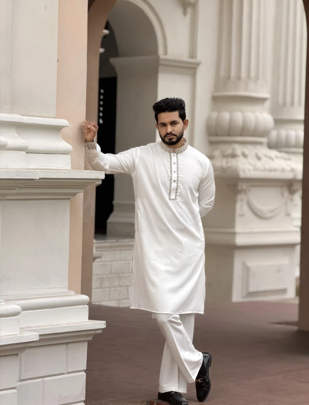 Premium Embroidery Design Panjabi - White