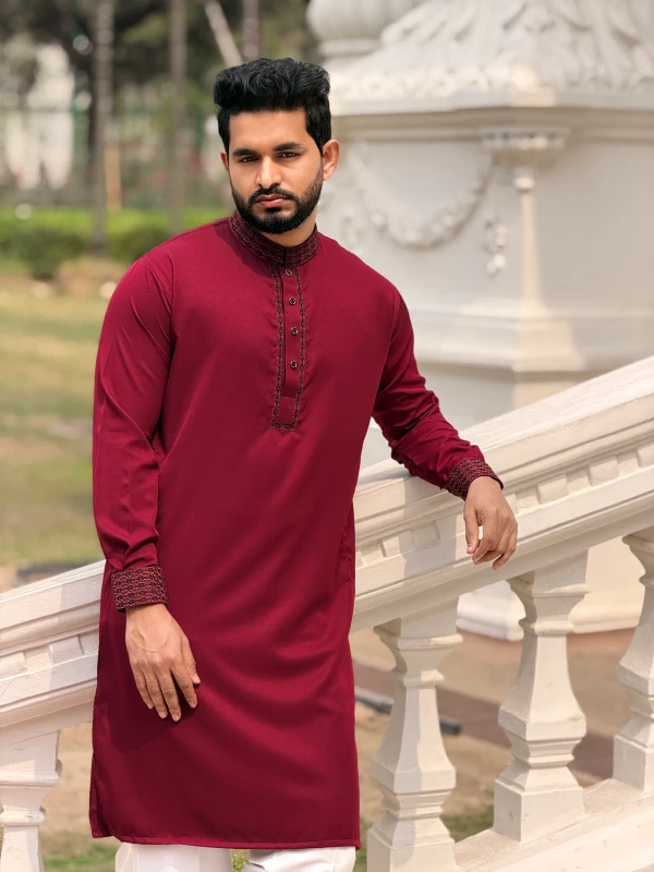 Premium Embroidery Design Panjabi - Maroon
