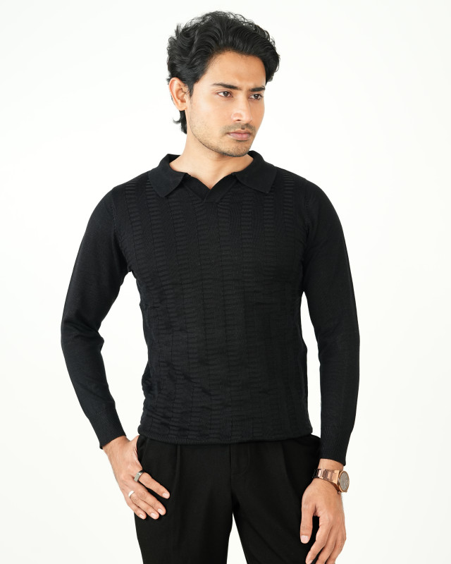 Premium Old Money Full Sleeve Textured Knit Polo - Black